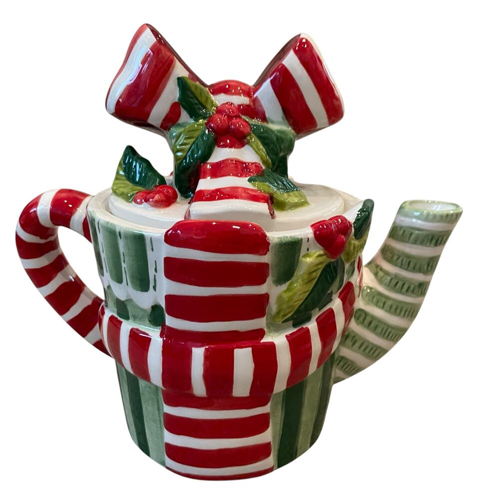 Christmas Bow & Holly Berry Ceramic Teapot Holiday Red Green Striped New